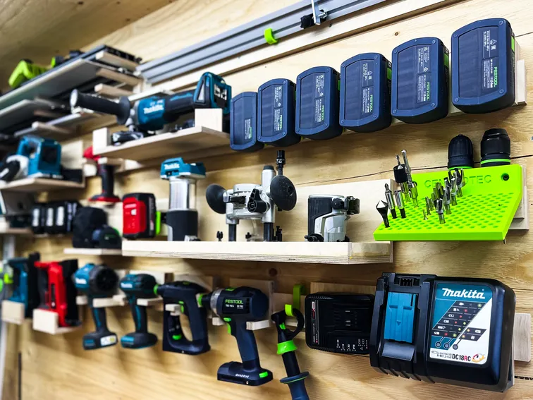 A workshop wall full of power tools